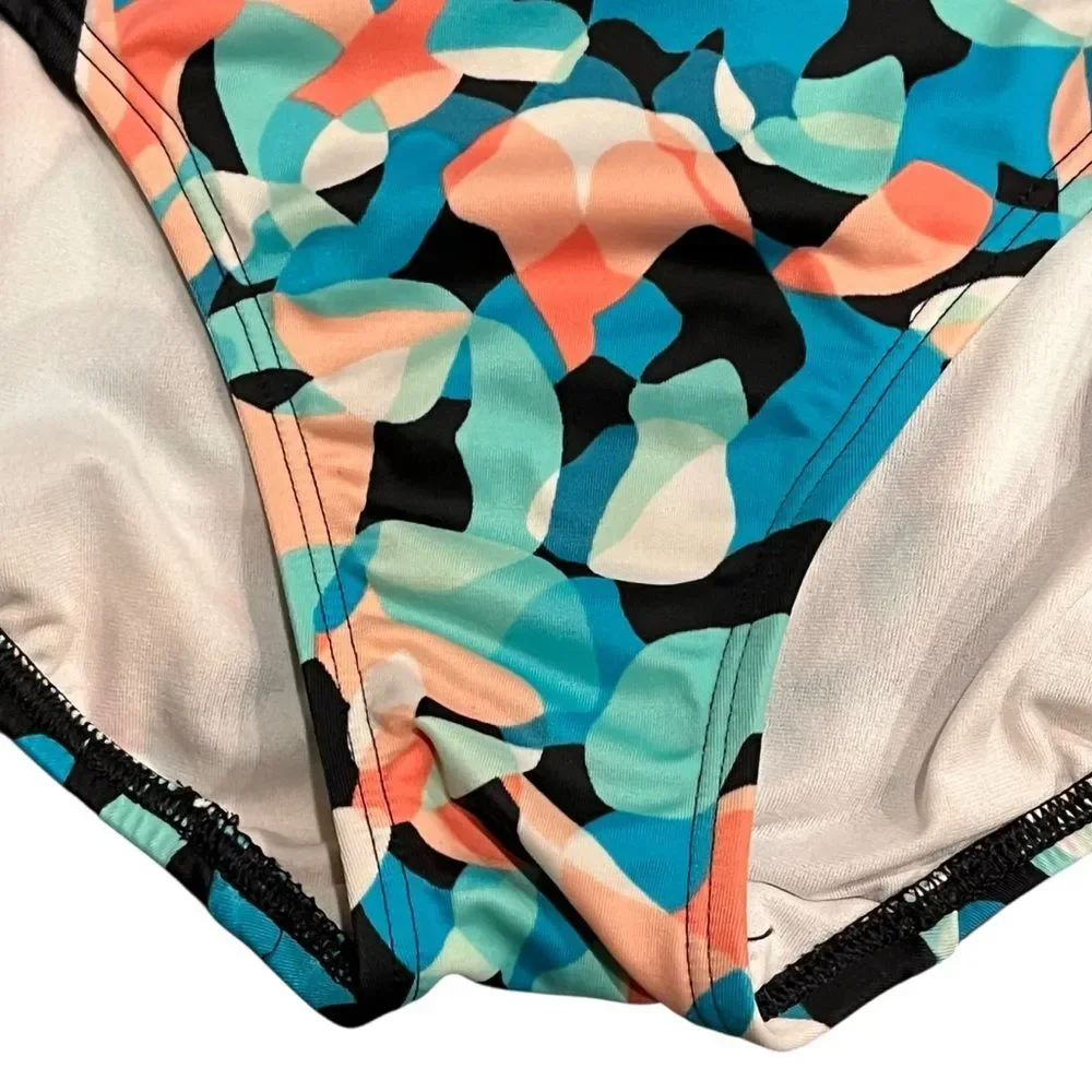 Lands End One Piece Swimsuit Colorful Patterned Bathing Suit Black Blue size 6L